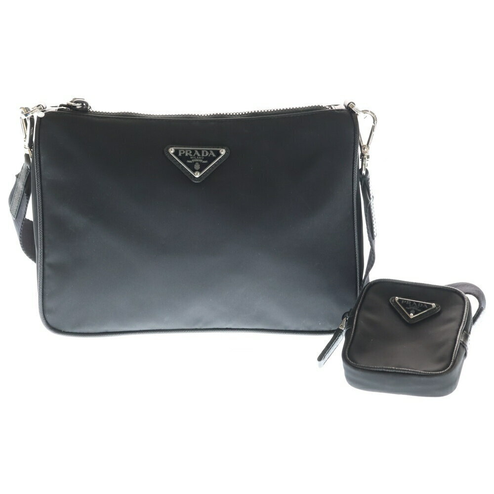 PRADA Triangle Logo Shoulder Bag Black Tessuto Leather